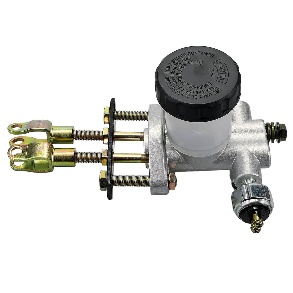 Hydraulic brake master cylinder with black cap, gold mounting hardware, and hose fitting