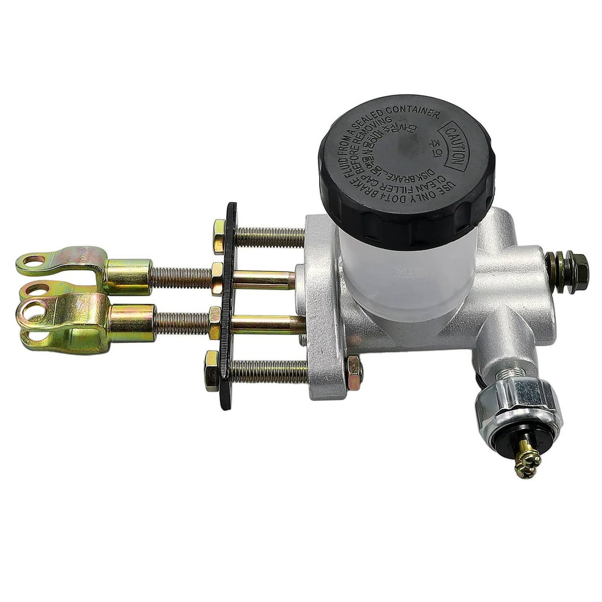 Hydraulic brake master cylinder with black cap, gold mounting hardware, and hose fitting
