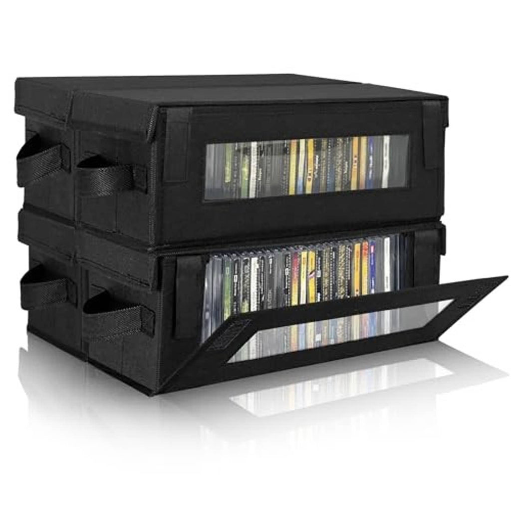 Black CD storage box with lid and front PVC window, CDs visible in stacked compartment