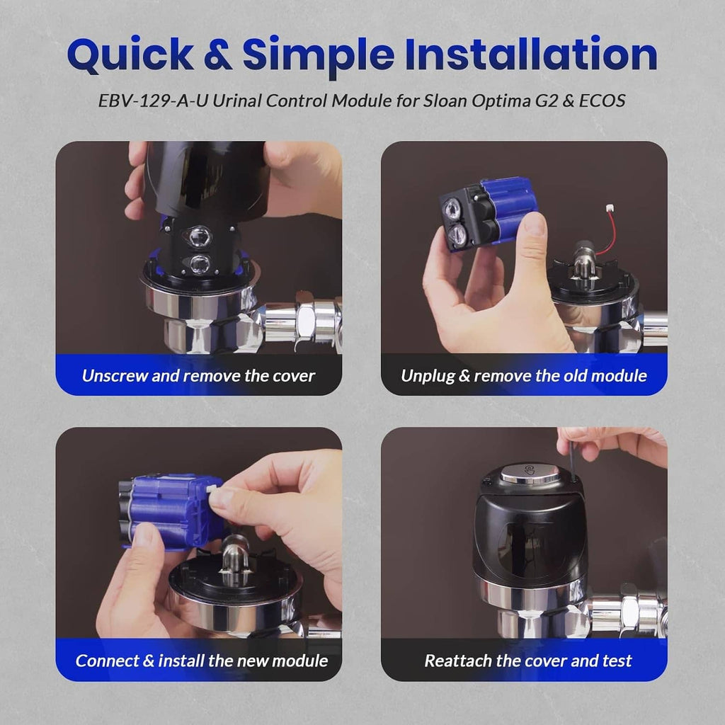 Urinal electronic control module shown being installed, blue housing and black unit