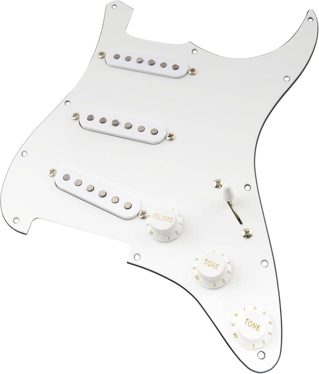 White Strat-style pre-wired pickguard front with 3 single-coil pickups and tone/volume knobs