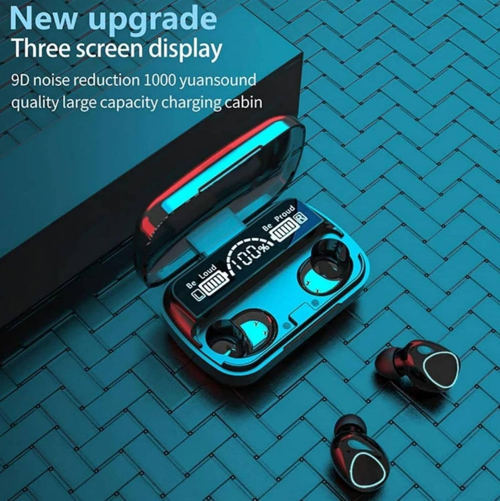 Black charging case with earbuds, illuminated blue stripe