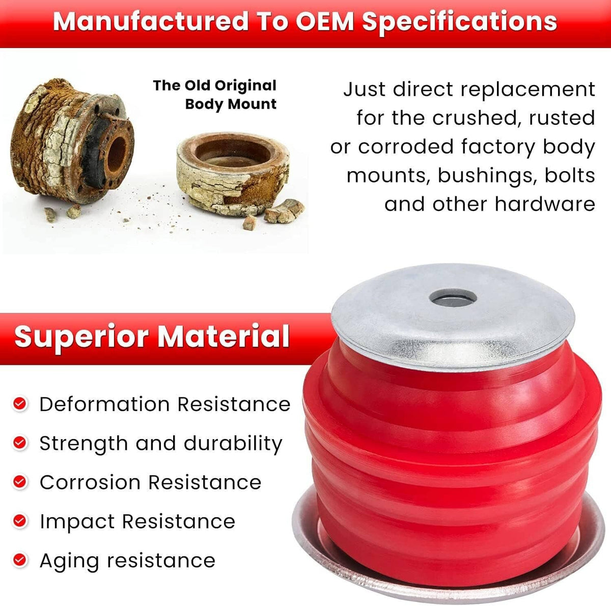 Red cab mount bushing with gray metal base plate, designed for OEM-spec replacement.