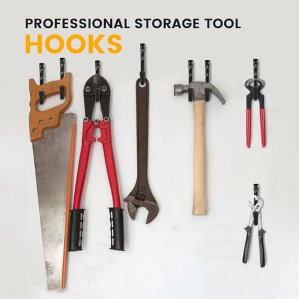 Tool storage wall hooks set for hanging tools, with black and brown holders