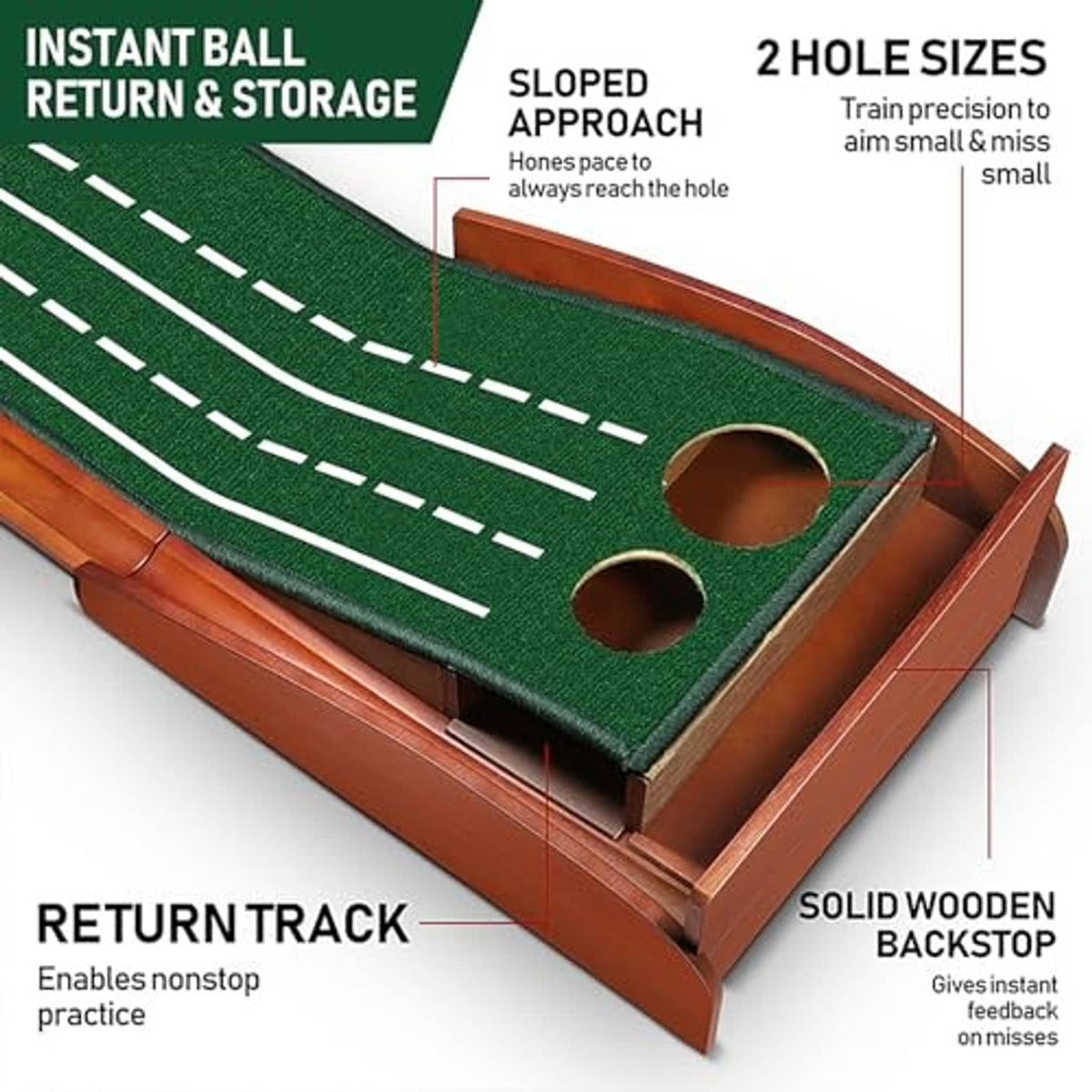Top view of green putting track on brown wooden base with two hole openings and return lanes
