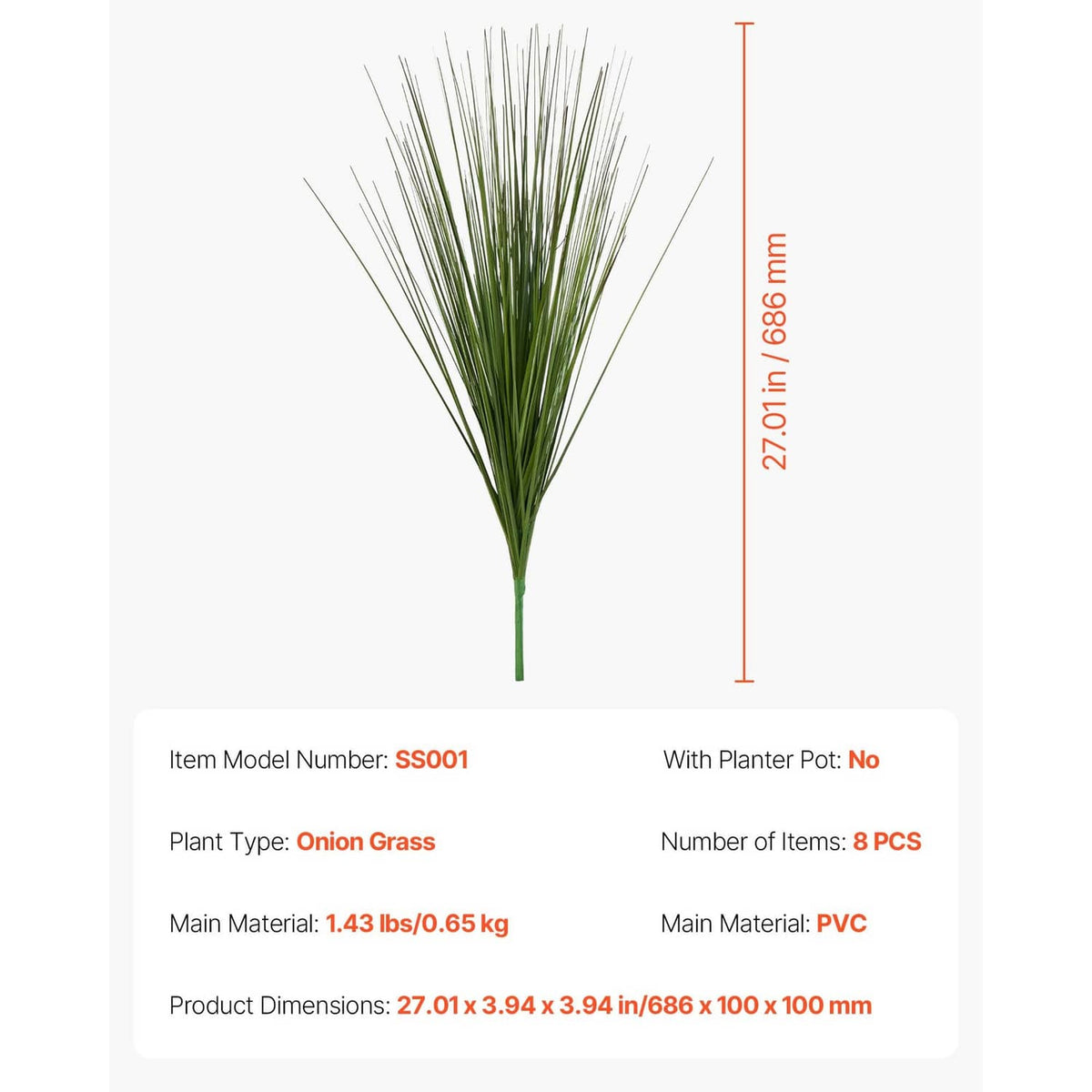 Artificial onion grass stem cluster, green blades, 27 in height shown