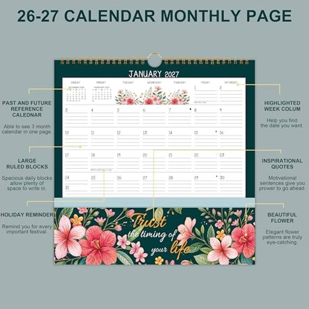 2026–2027 wall calendar monthly page with January 2027 grid and floral pocket