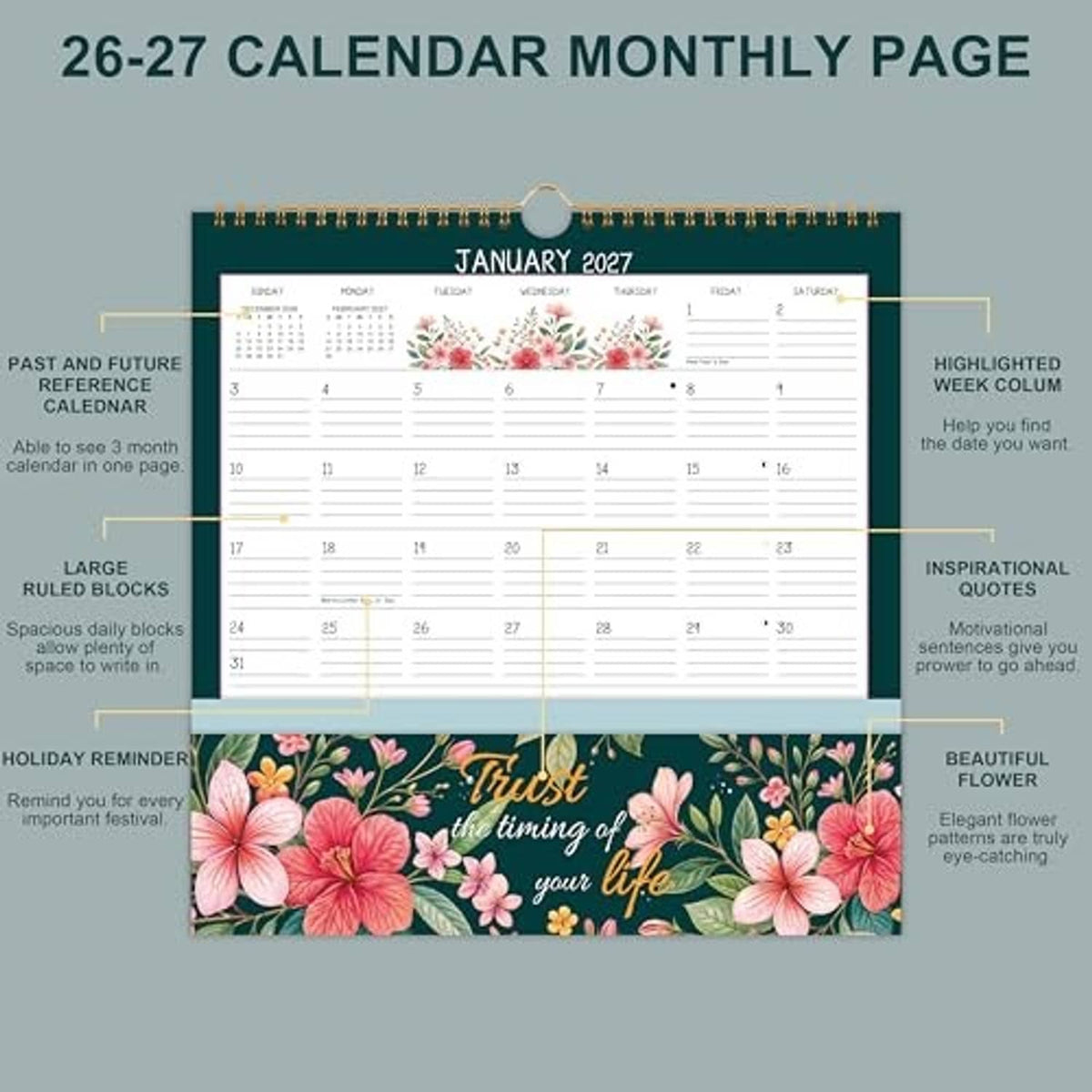 2026–2027 wall calendar monthly page with January 2027 grid and floral pocket