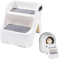 White two-step cat litter box ramp with dark gray non-slip pads and side handle