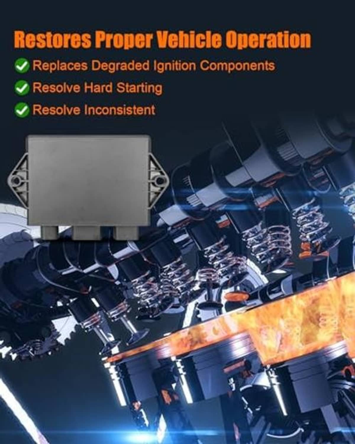 Black ignition control module unit shown over engine ignition components