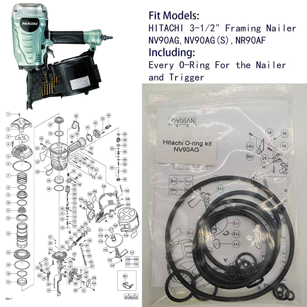 Hitachi NV90AG O-ring kit with black O-rings and framing nailer shown