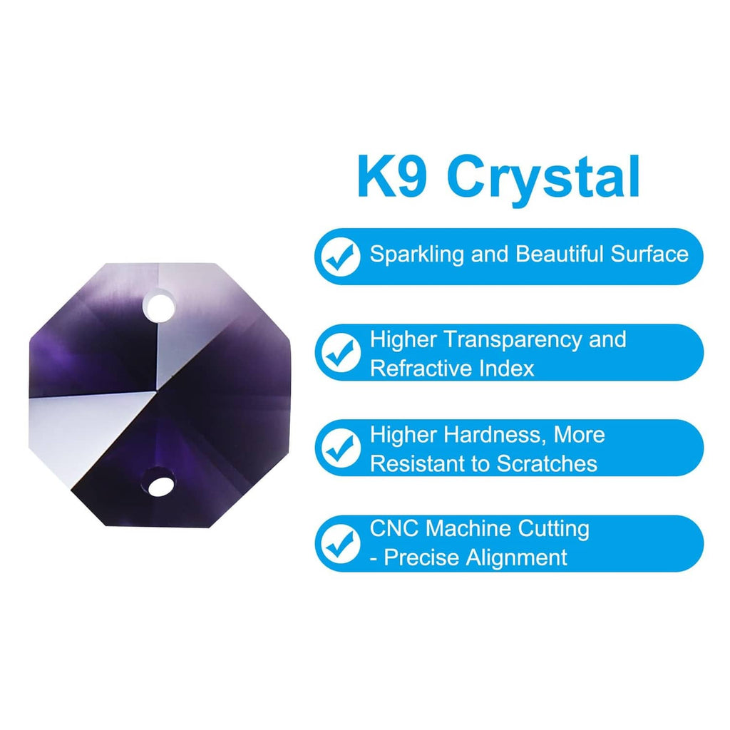 Dark purple octagon crystal pendant bead with two holes, faceted reflective surface.