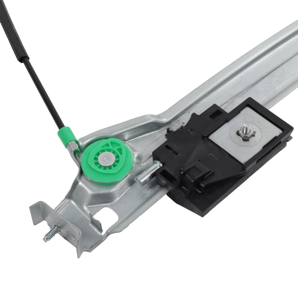 Window regulator rail with green cable bushing and black control bracket on silver frame