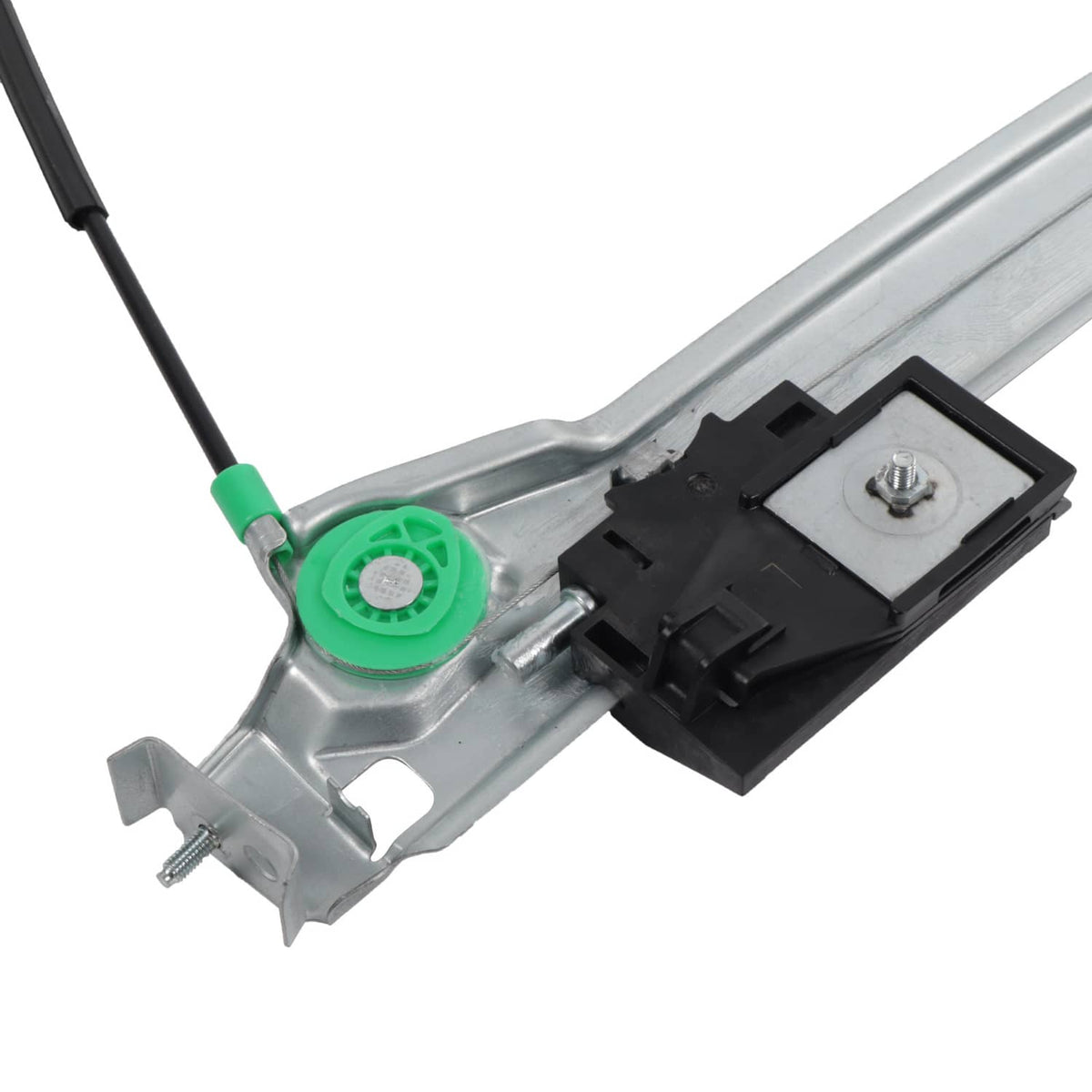 Window regulator rail with green cable bushing and black control bracket on silver frame