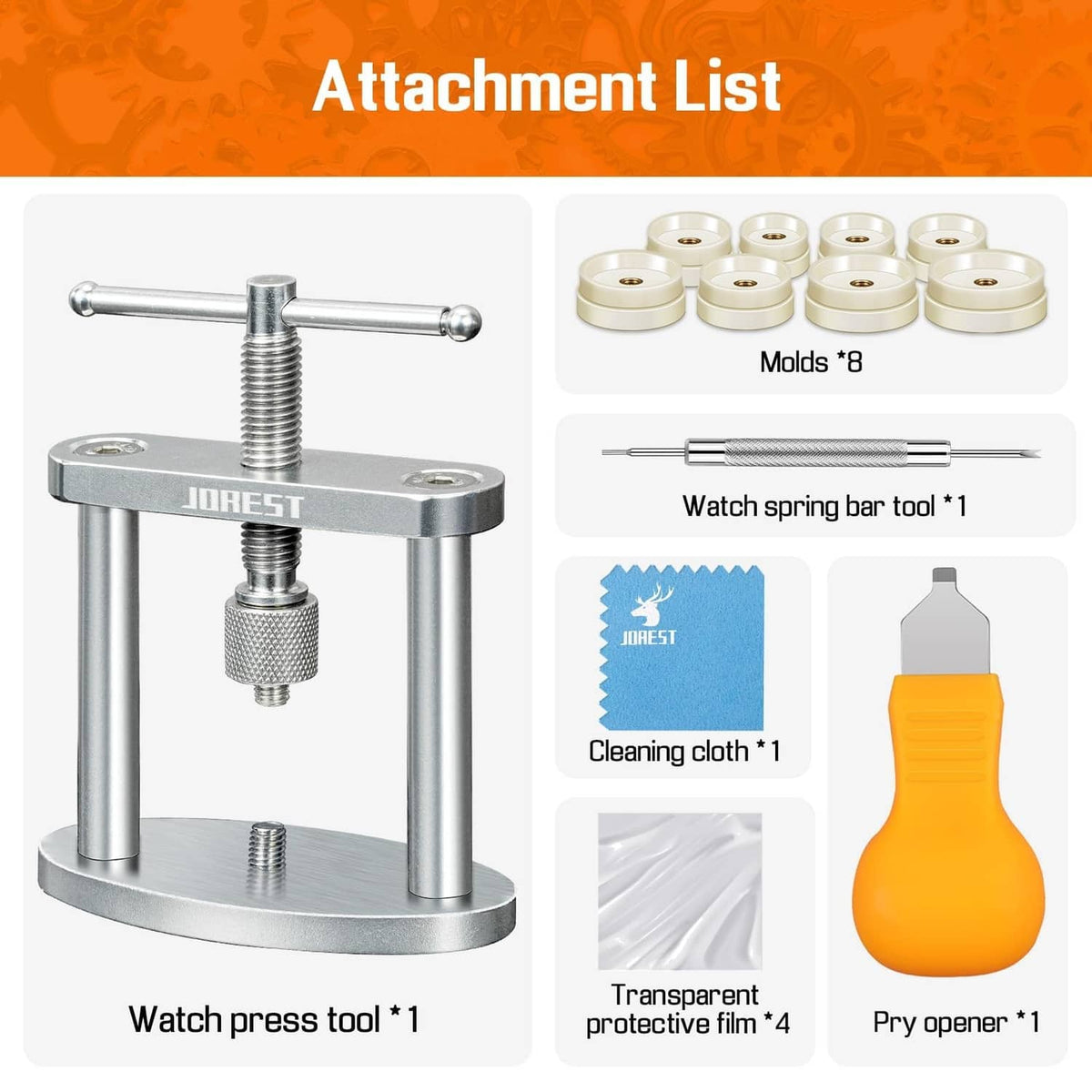 Watch press tool set attachment list with molds, tools, cleaning cloth, protective film