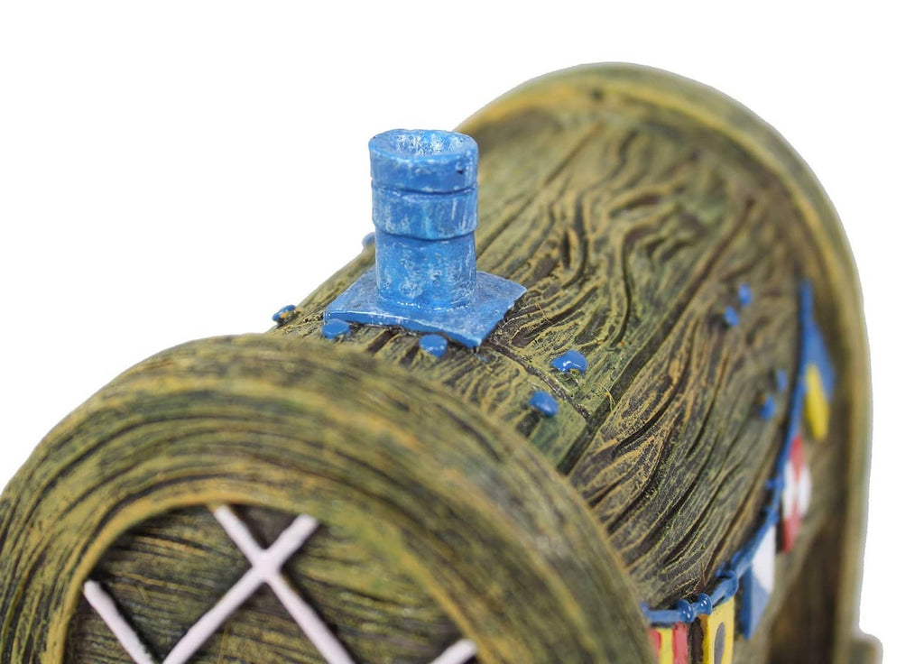 Wooden aquarium ornament top with blue chimney and textured roof