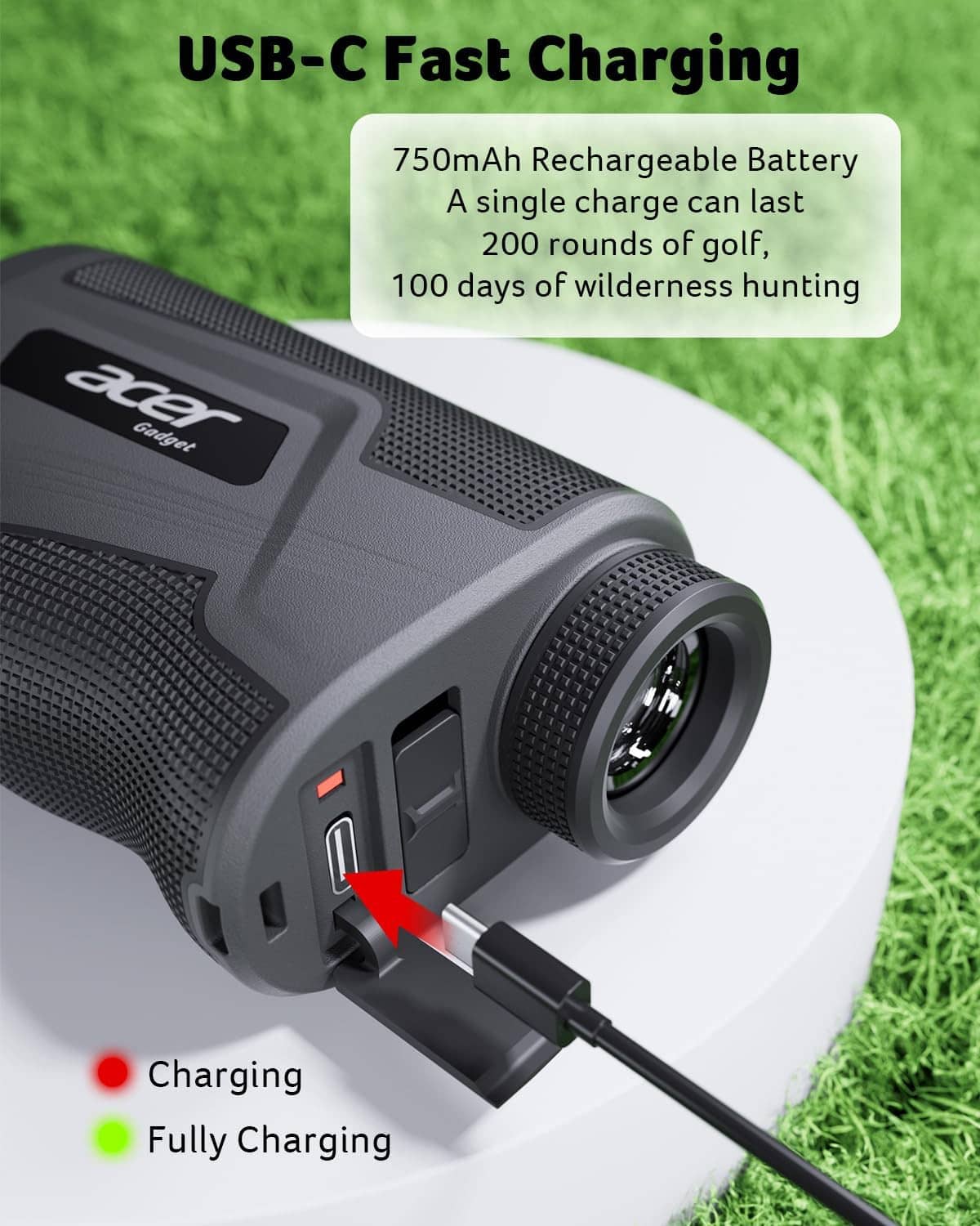 Gray rangefinder showing USB-C charging port with cable connected