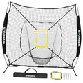 Baseball practice net with white mesh, black frame, and yellow square strike target