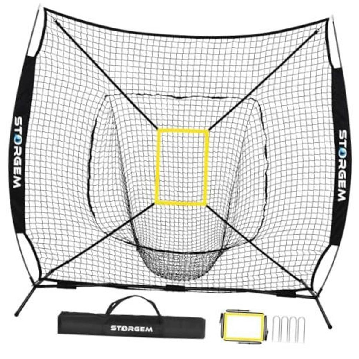 Baseball practice net with white mesh, black frame, and yellow square strike target