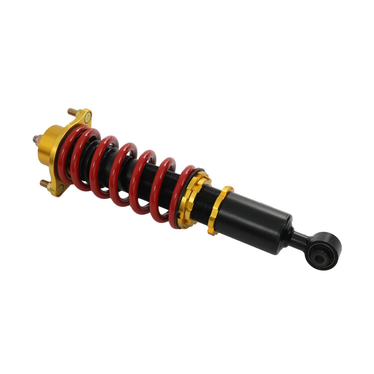 Single coilover strut angled view with red spring, black damper, and gold upper mount.