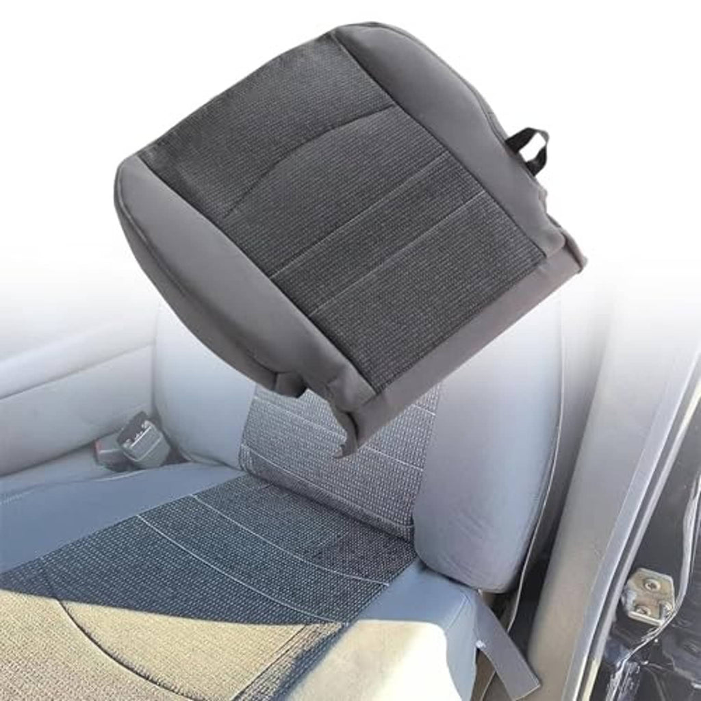 Front driver seat bottom replacement cover in dark gray cloth with stitched edge.