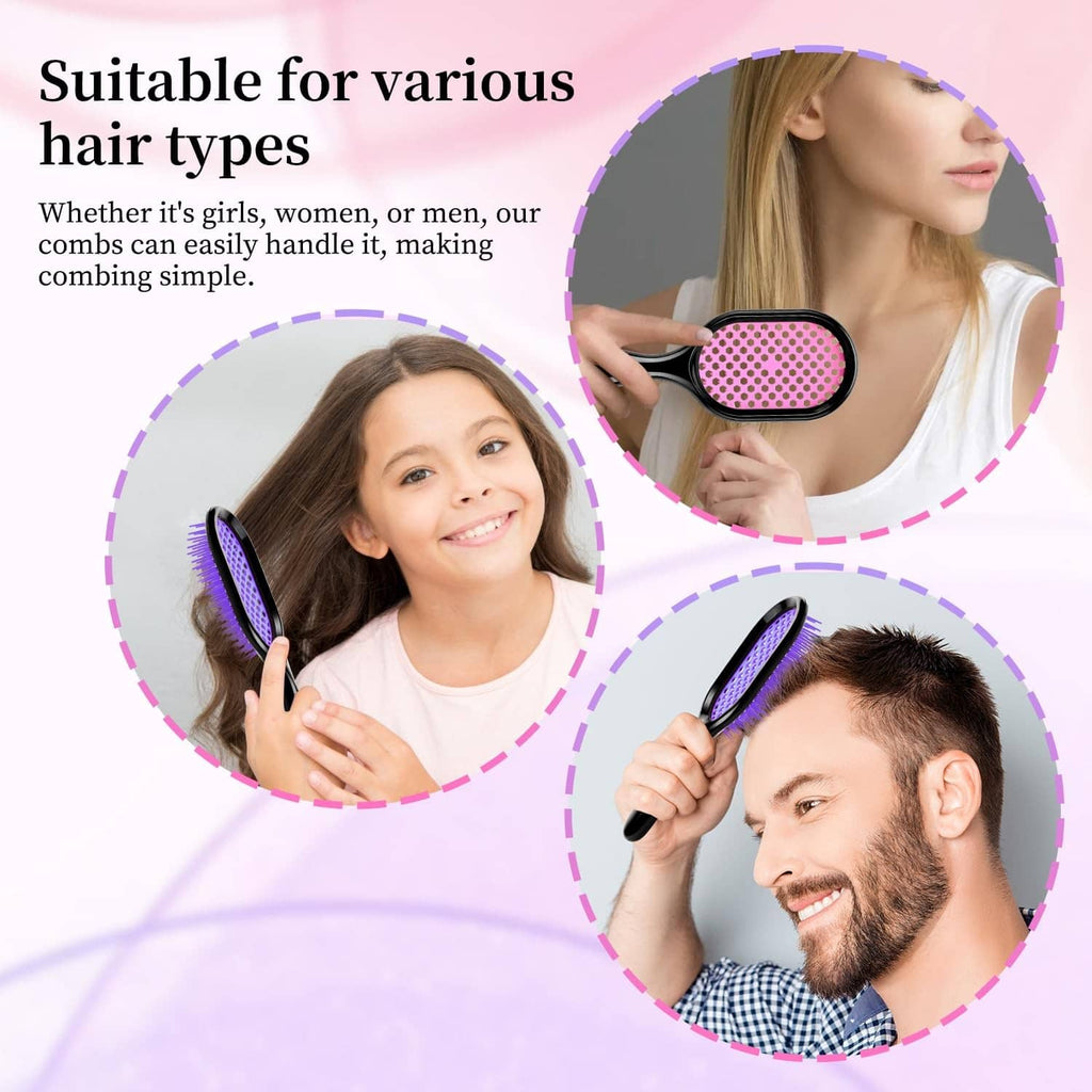 Vented detangling hair brush set shown on multiple people with pink bristle pad