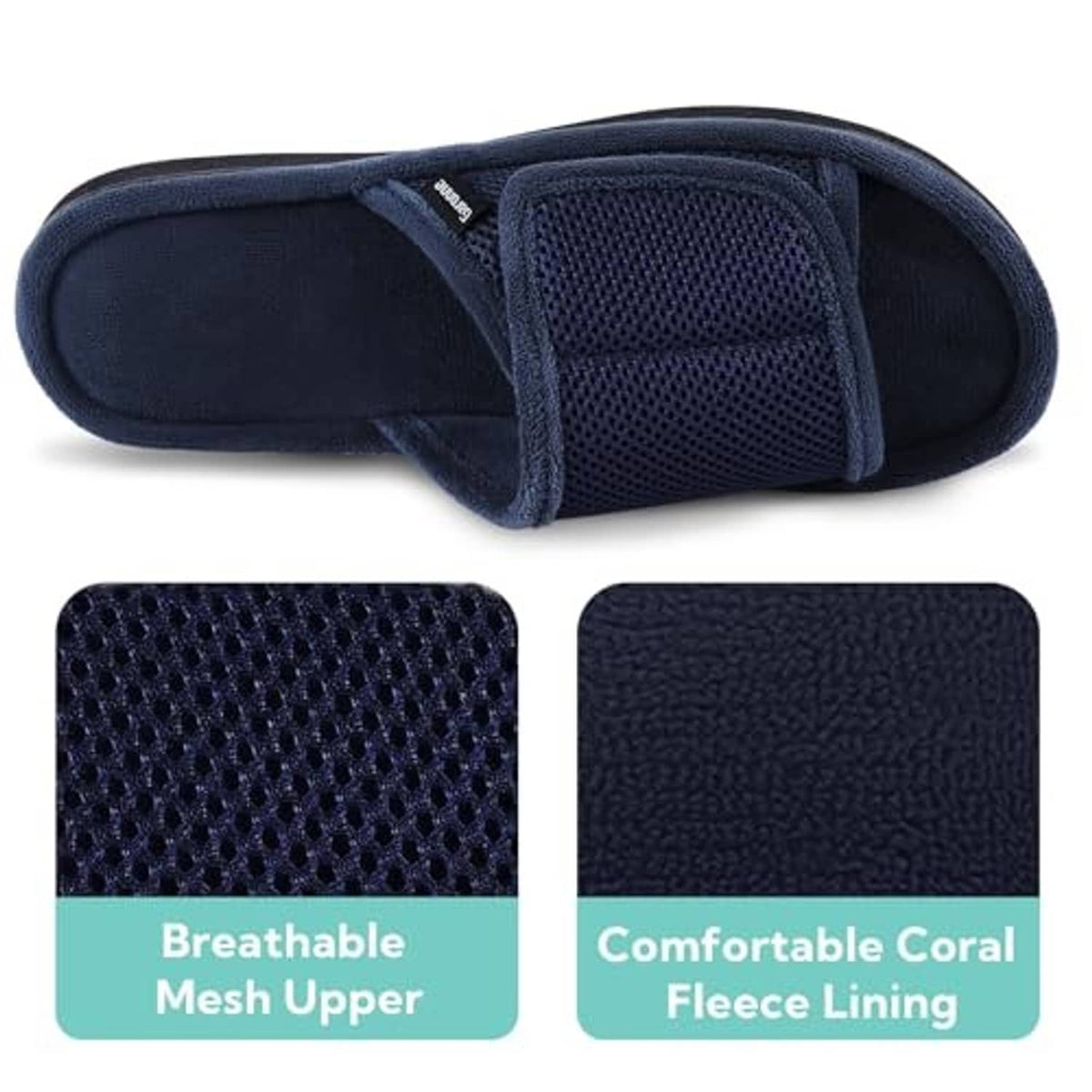 Navy open-toe wrap slippers with breathable mesh upper and soft lining