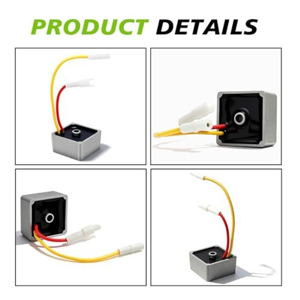 Voltage regulator details showing grey block, black terminal socket, and colored wire leads