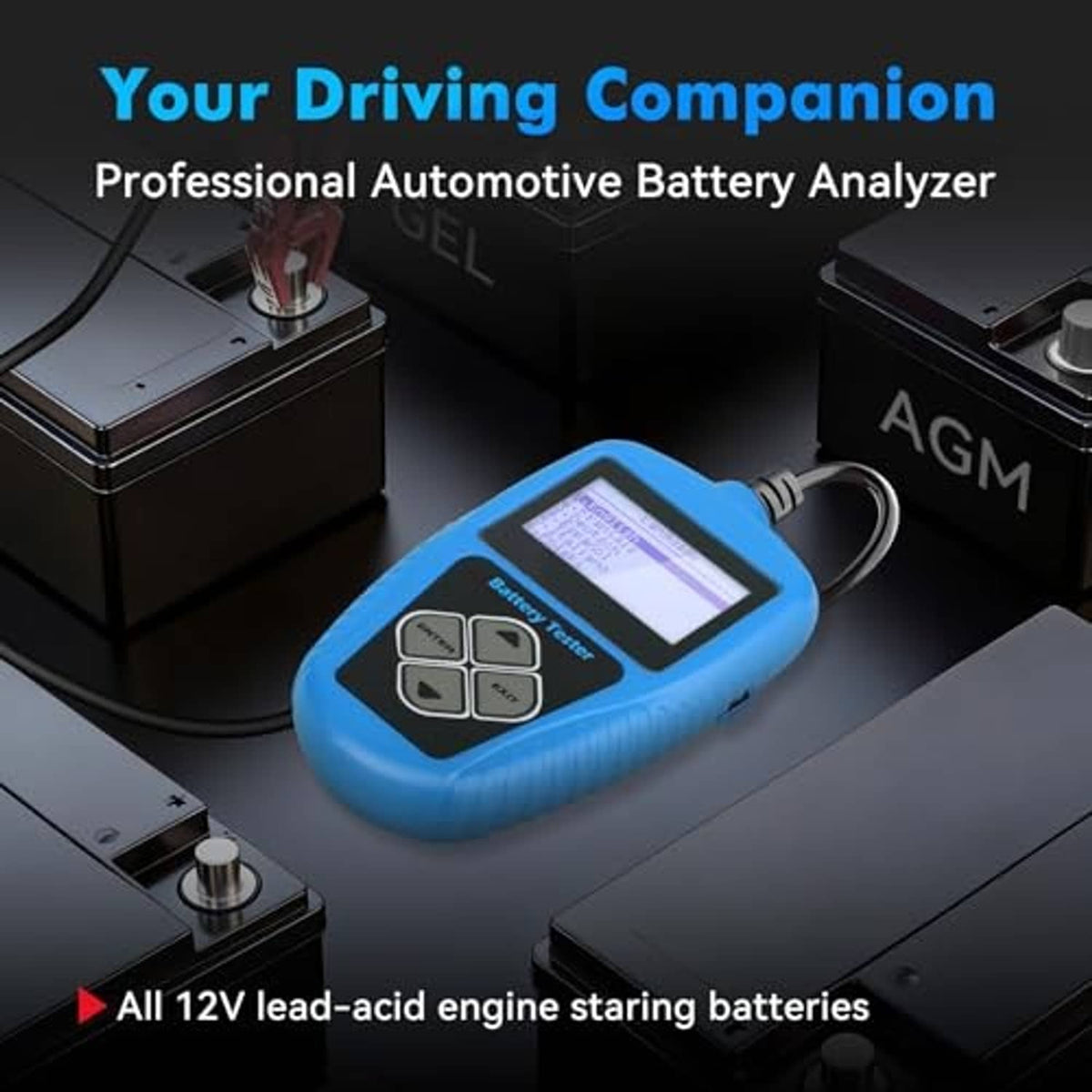 Blue battery tester connected to a car battery on the engine bay surface