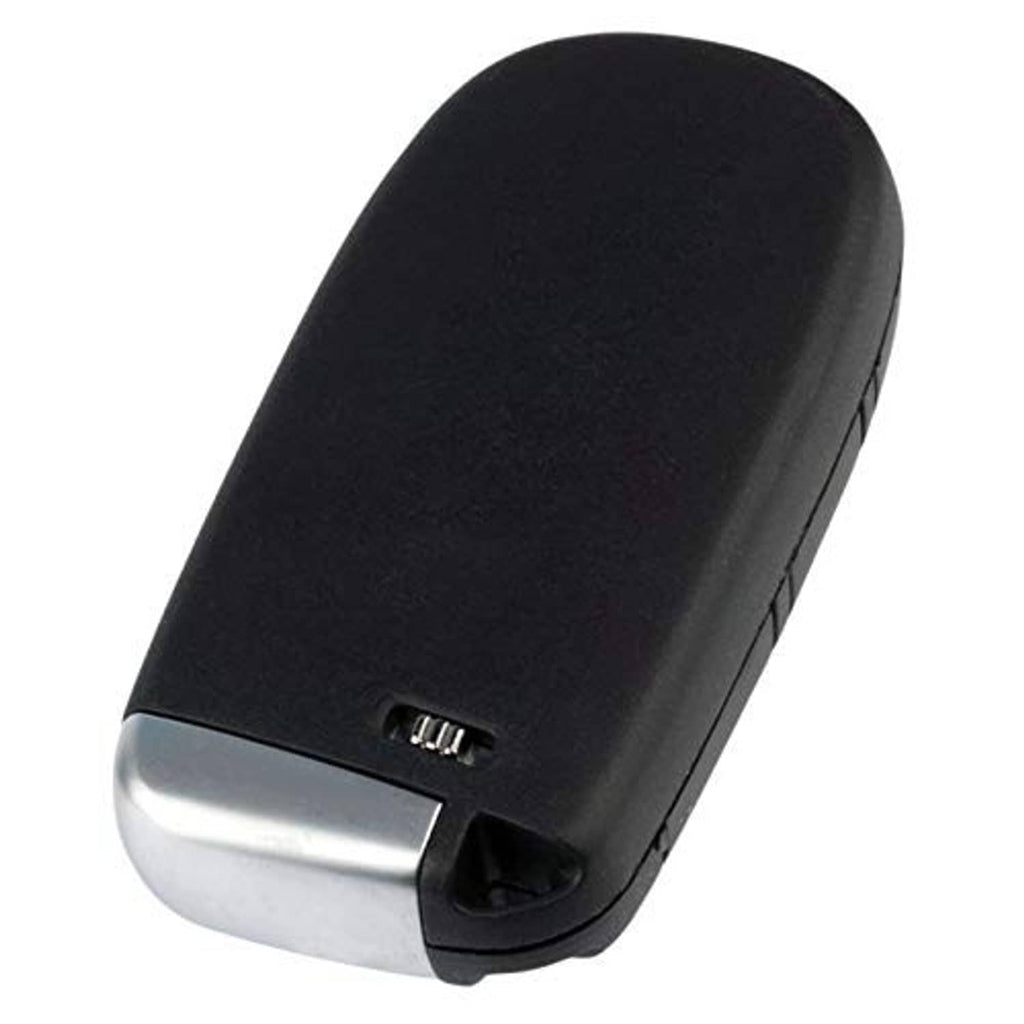 Black key fob side view with metal contacts and key ring loop