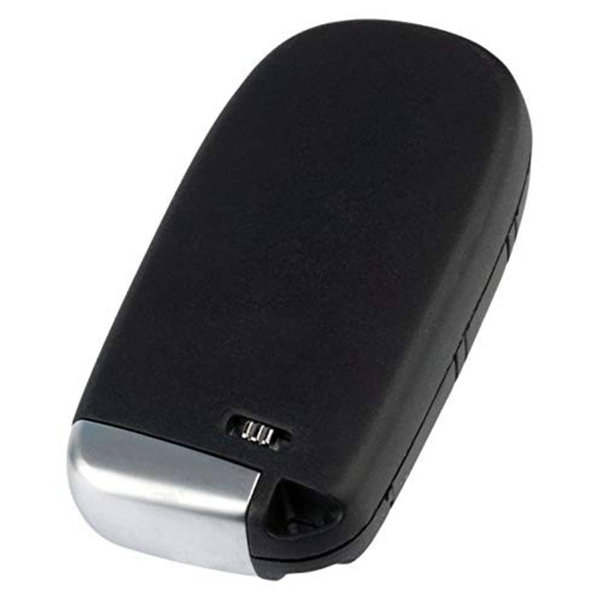 Black key fob side view with metal contacts and key ring loop