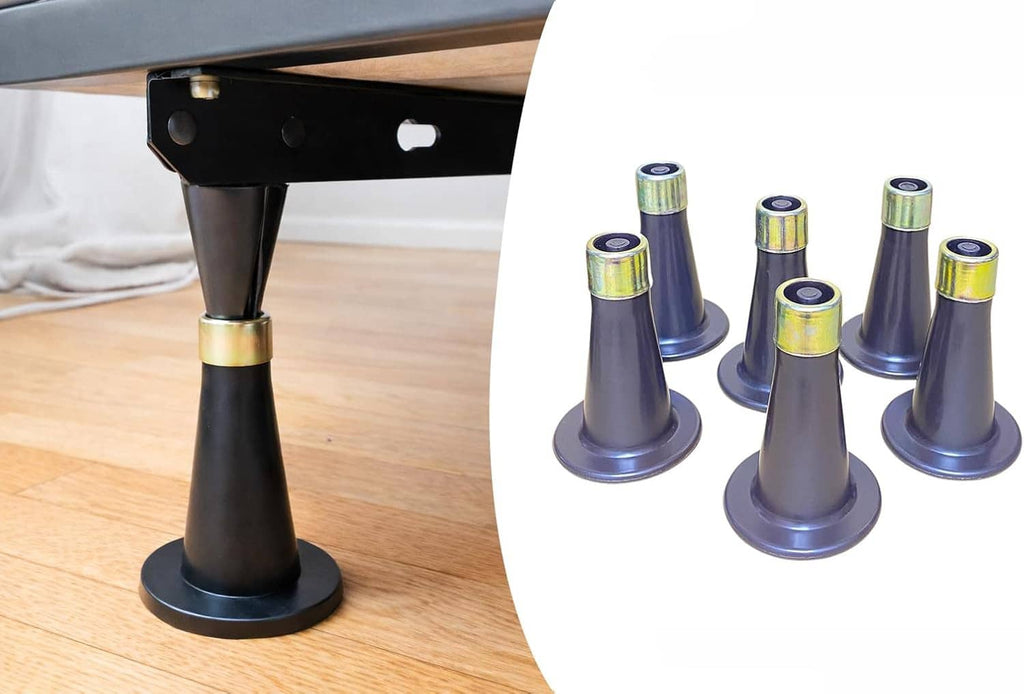 Six metal bed frame replacement feet with blue stems and black mounting bases