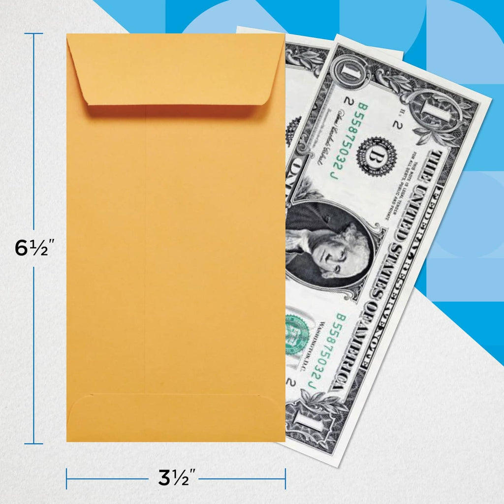 Brown coin envelope with gummed flap holding U.S. currency, single envelope