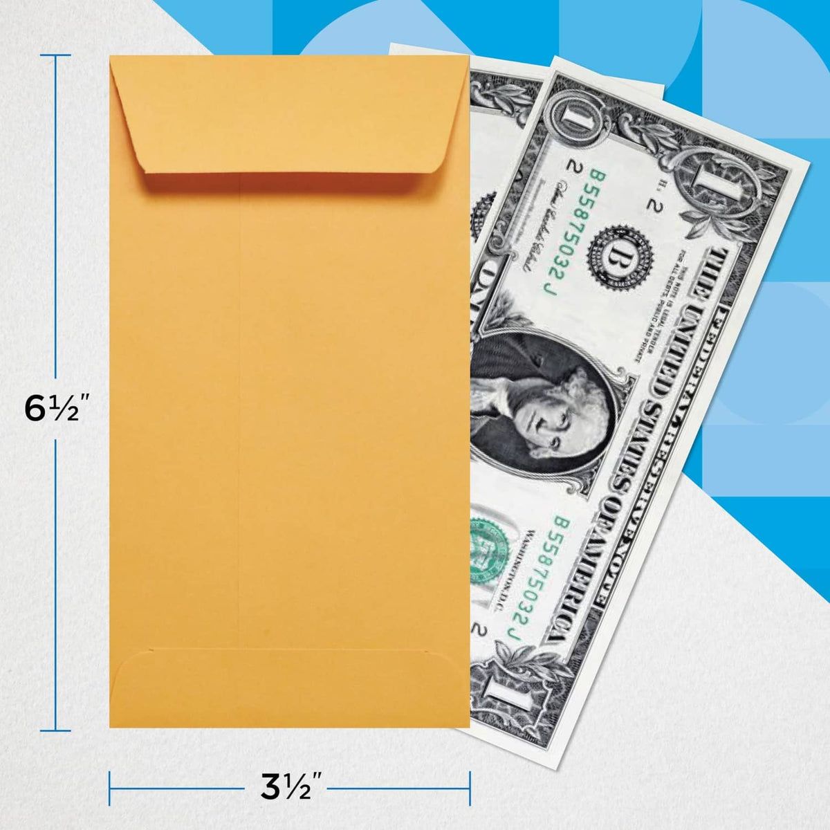 Brown coin envelope with gummed flap holding U.S. currency, single envelope