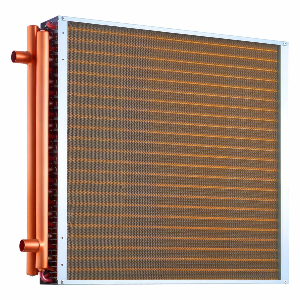 Heat exchanger coil with dense brown fins and copper tube headers on the left side