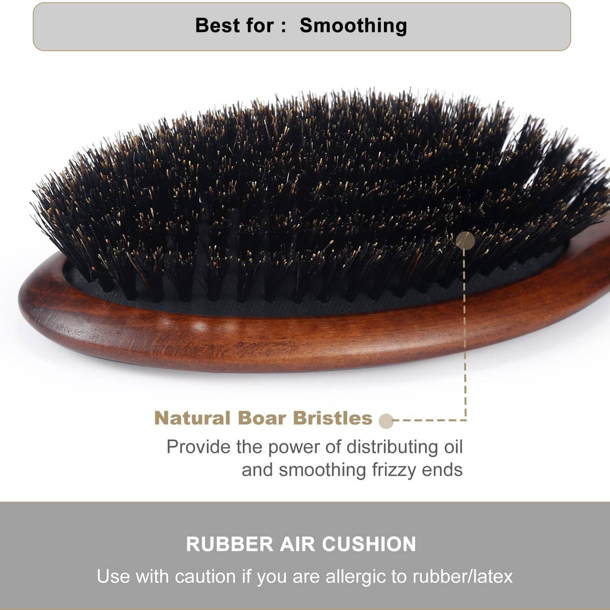 Hair brush showing black bristles on a brown rubber air-cushion pad base