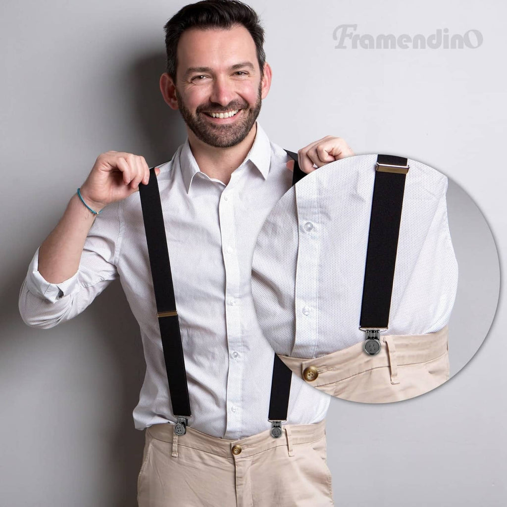 Black no-sew suspenders with round clip buttons attached to white dress shirt