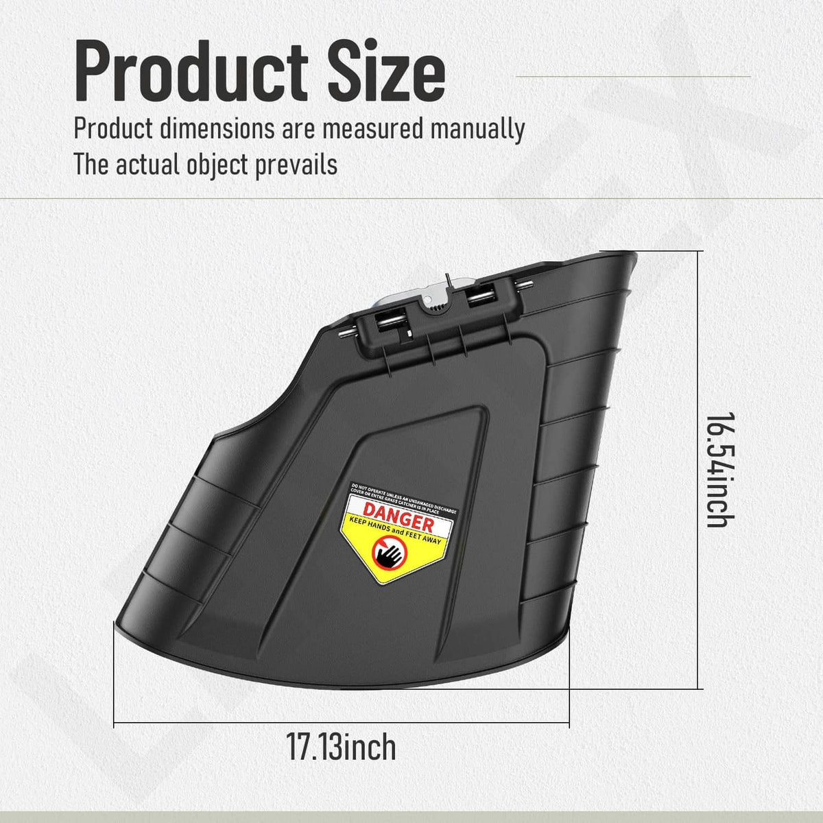 Black mower chute assembly with warning decal, front view
