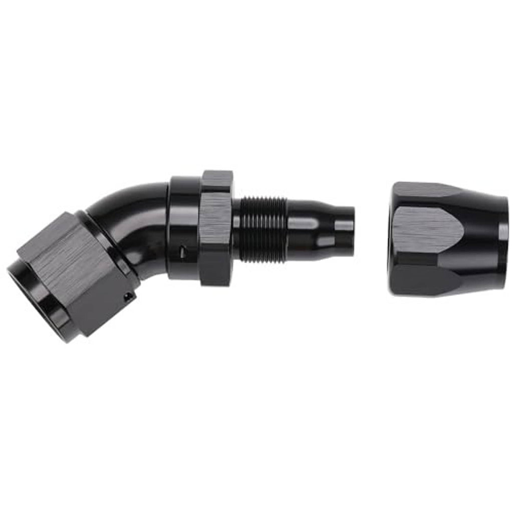 Black 45-degree swivel hose end fitting with exposed male threads