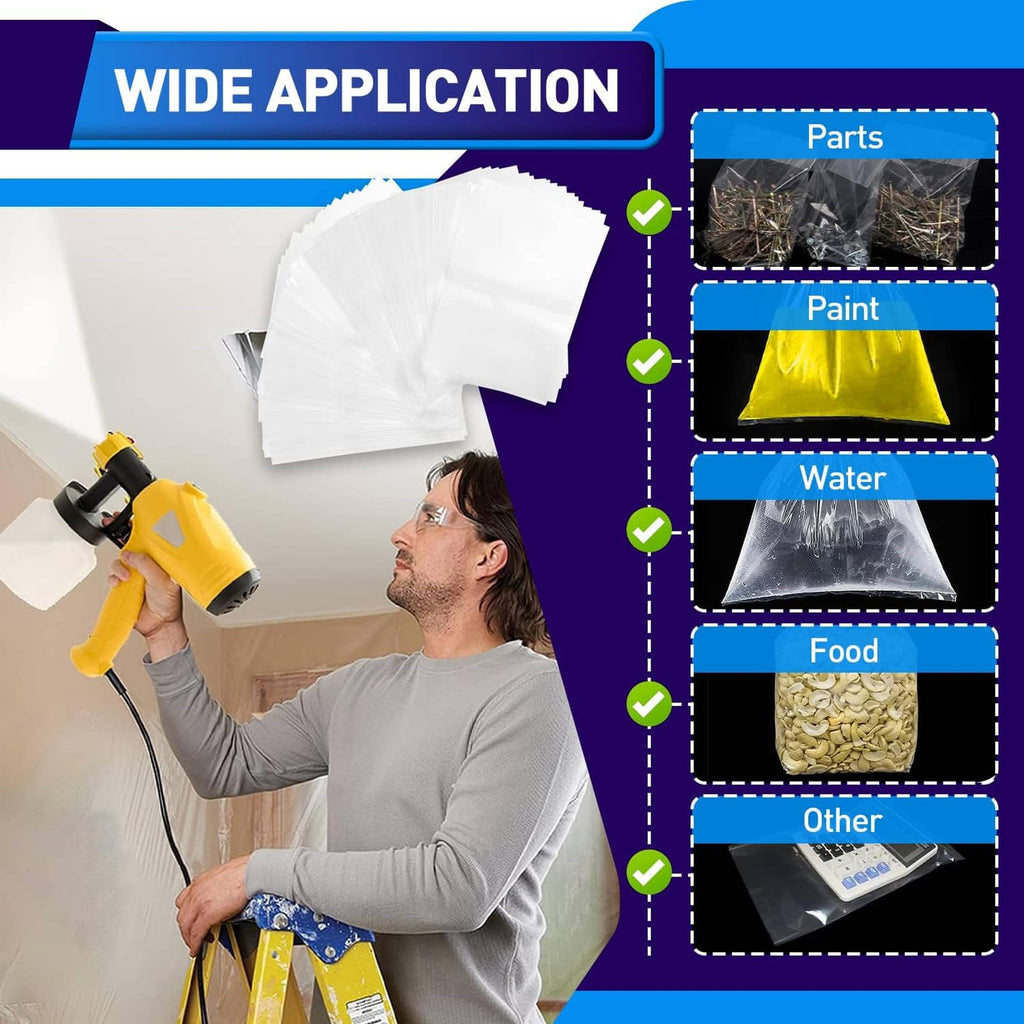 Transparent paint sprayer bags stacked in clear film, compact 100-piece set