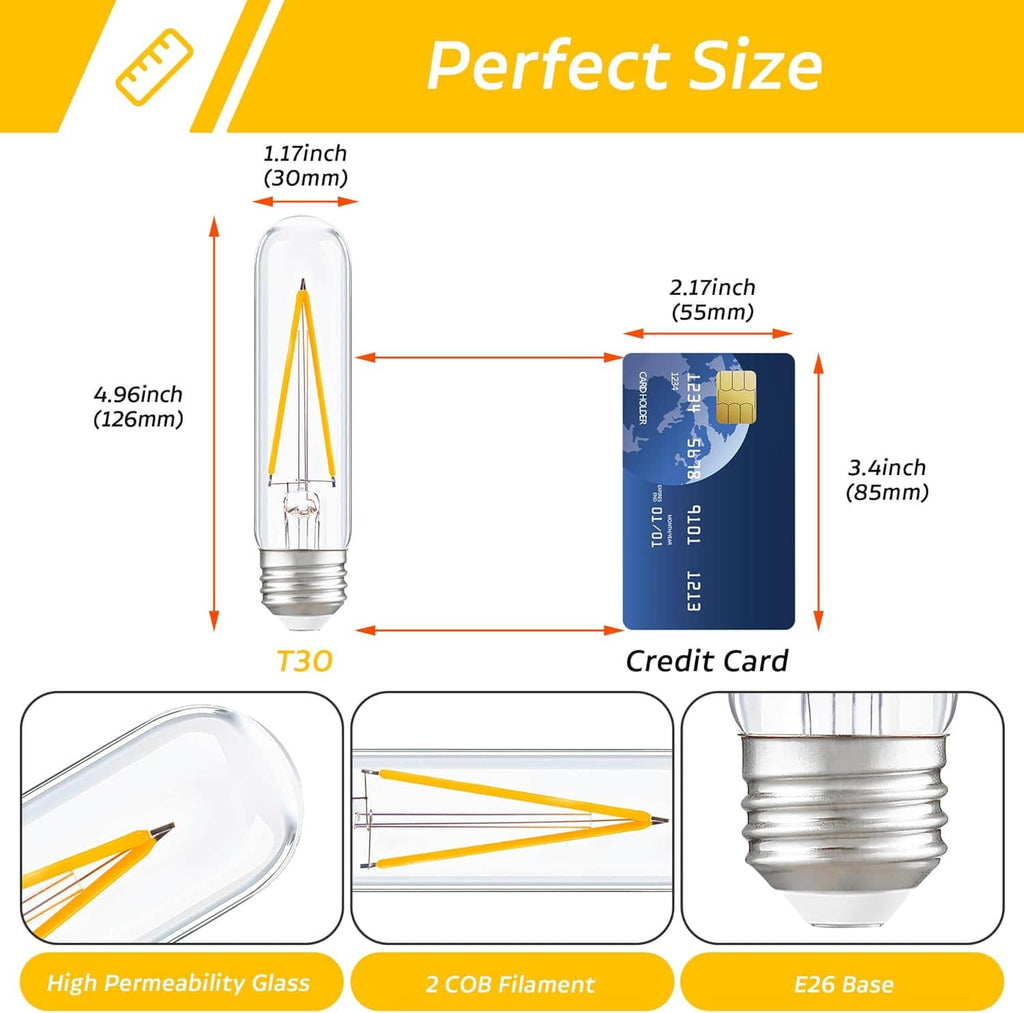 Dimmable LED T30 tube bulb size diagram showing clear bulb and E26 screw base
