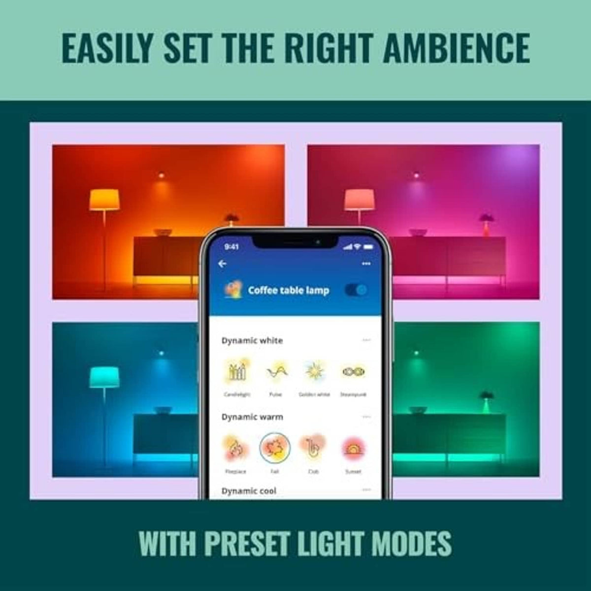 Smartphone showing WiZ color presets next to illuminated room lamps