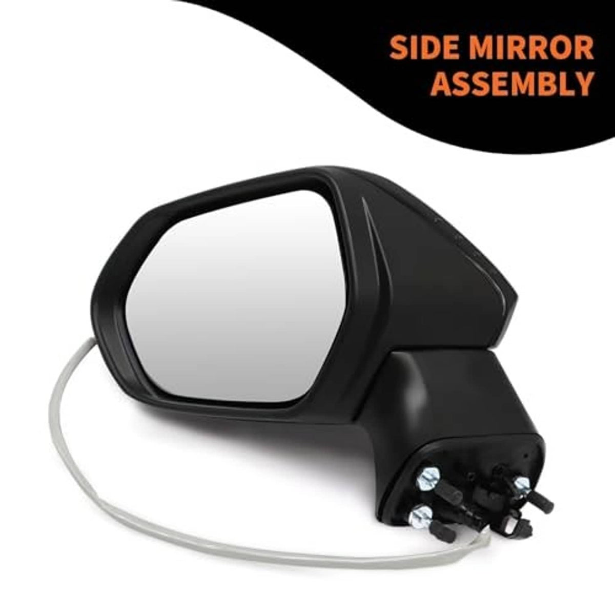 Side mirror assembly with black housing and clear mounting connectors on the back