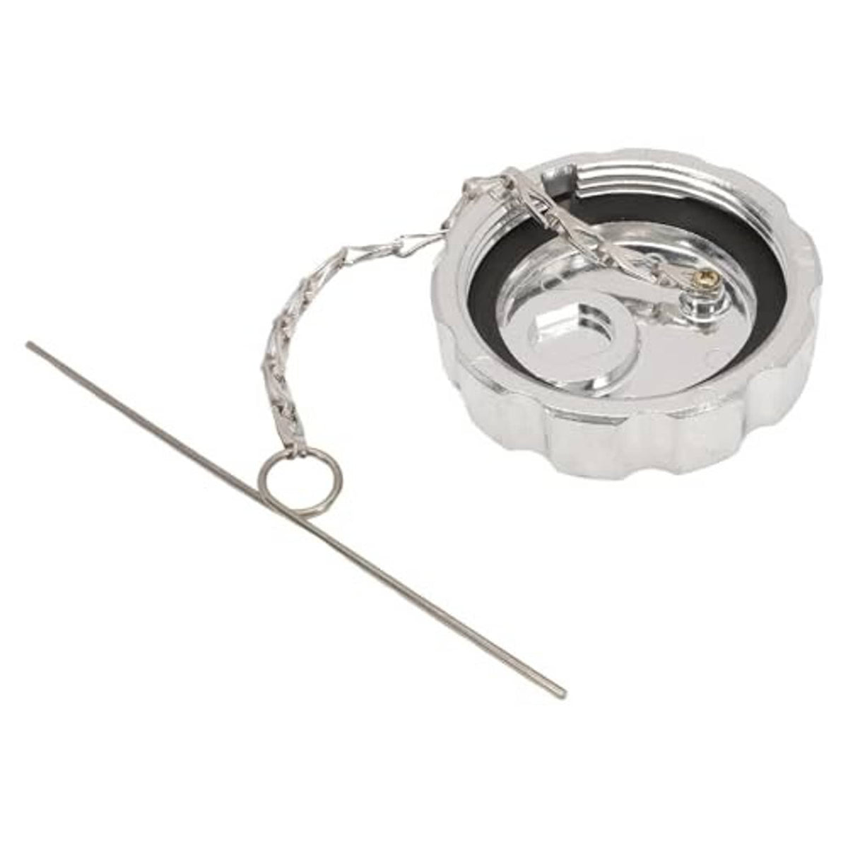 Diesel fuel tank cap with open insert and chain loop for tethering