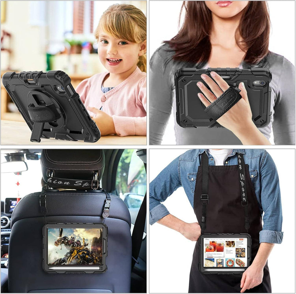 Rugged black tablet case with kickstand and protective cover in use