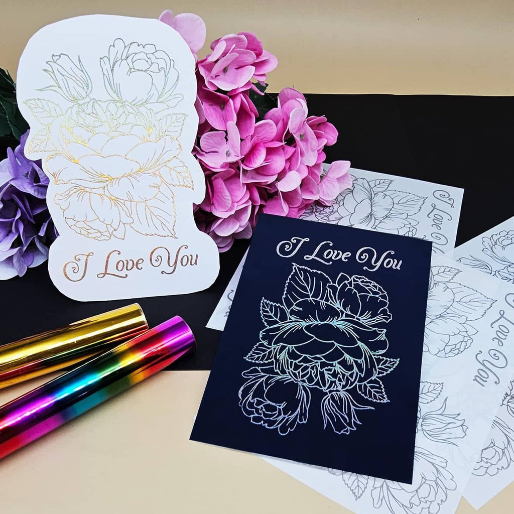 Floral “I Love You” foil transfer stickers, white-gold and dark-blue designs
