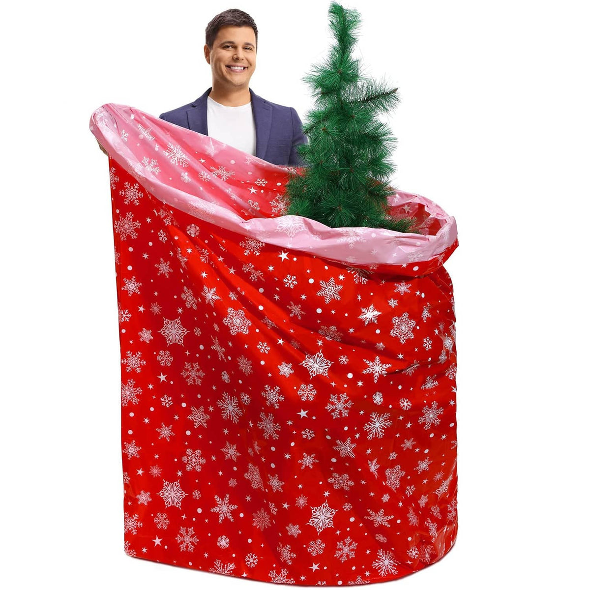 Jumbo 9 ft red Christmas tree storage bag with white snowflake pattern, tied top.