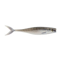 Silver and gray minnow-shaped soft fishing lure with fork tail