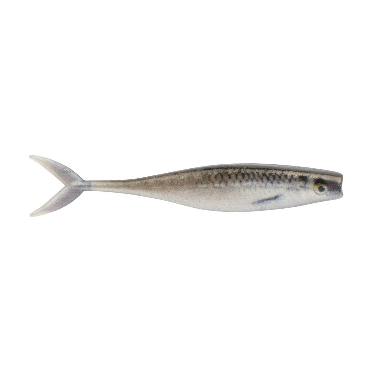 Silver and gray minnow-shaped soft fishing lure with fork tail