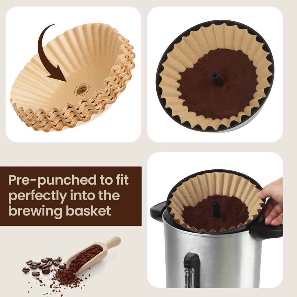 Set of large light-tan pre-punched coffee filters for brewing basket fit